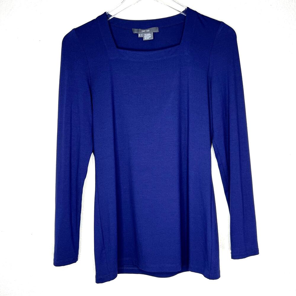Per Se by Carlisle Navy Blue Long Sleeve Tee Blouse Top Square Neckline SMALL